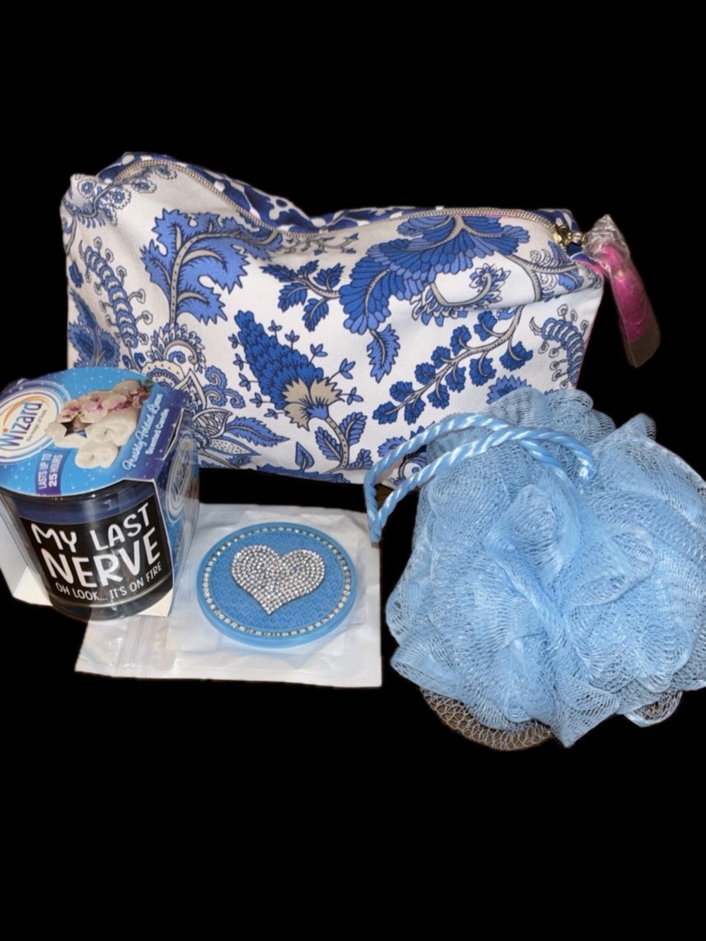 Blue Floral Cosmetic Bag,Bath Pouf, Linen My Last Nerve candle, & car coaster